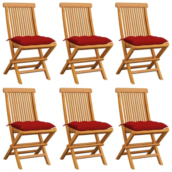 Trädgårdsstolar med röda dynor 6 st massiv teak