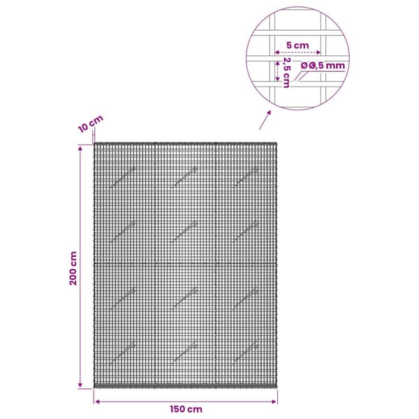 Gabion med 3,5 mm tråd och 5x2,5 cm nät 150x10x200 cm