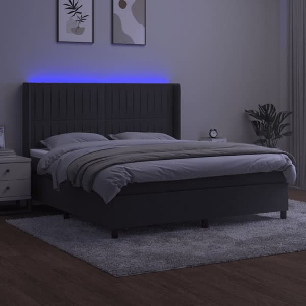 Ramsäng med madrass & LED mörkgrå 180x200 cm sammet