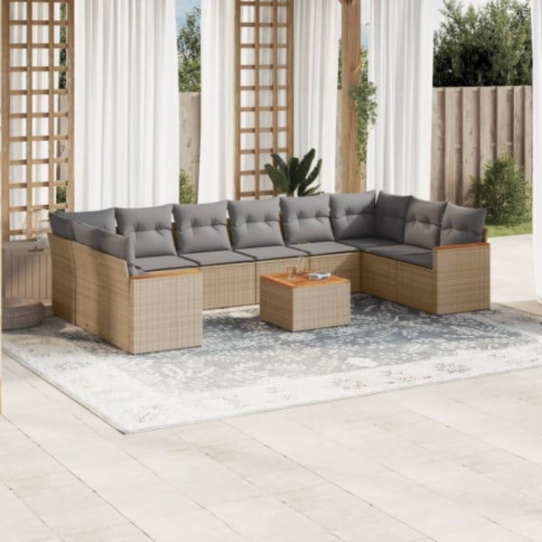 Loungegrupp för trädgården m. dynor 11 delar beige konstrotting