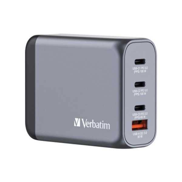 Verbatim strömadapter - GaN - 3 x USB-C, USB - 100 Watt Svart, Grå