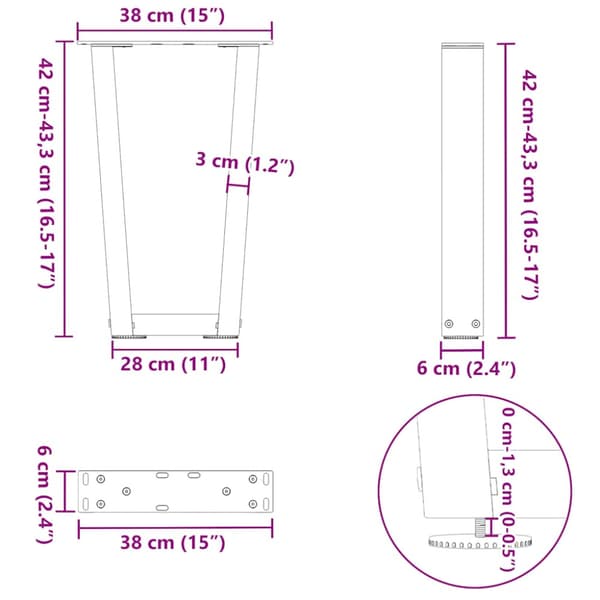 Soffbordsben V-formade 2 st svarta 38x(42-43,3) cm stål