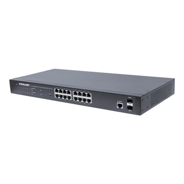 Intellinet 16-Port Gigabit Ethernet PoE+ Web-Managed Switch with 2 SFP Ports, IEEE 802.3at/af Power over Ethernet (PoE+/PoE) Compliant, 374 W, Endspan Svart