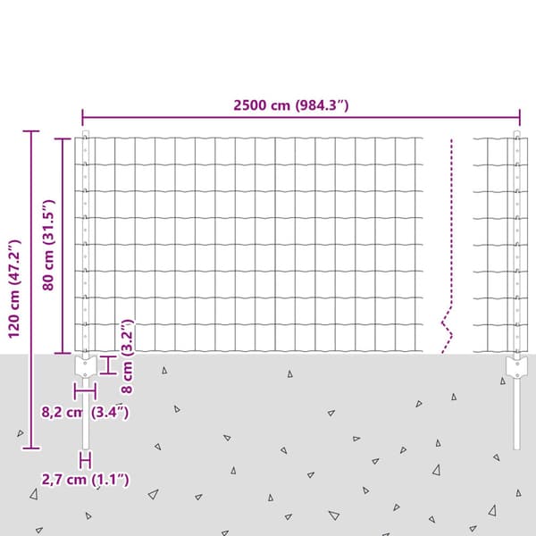 Stängsel med stolpe Silver 0,8 x 25 m Stål