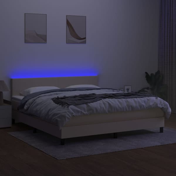 Ramsäng med madrass & LED gräddvit 160x200 cm tyg