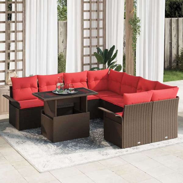 Trädgårdsoffset med kudde med lagring 9 pcs Brun Poly Rattan