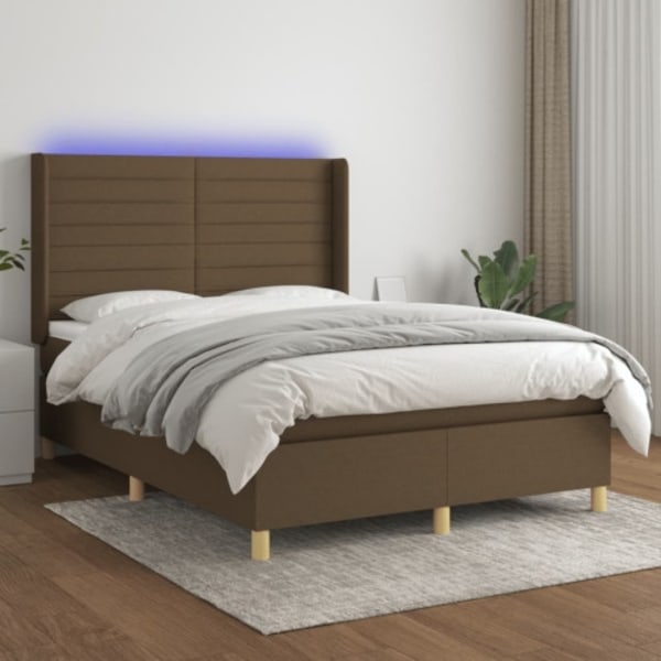 Ramsäng med madrass & LED mörkbrun 140x190 cm tyg