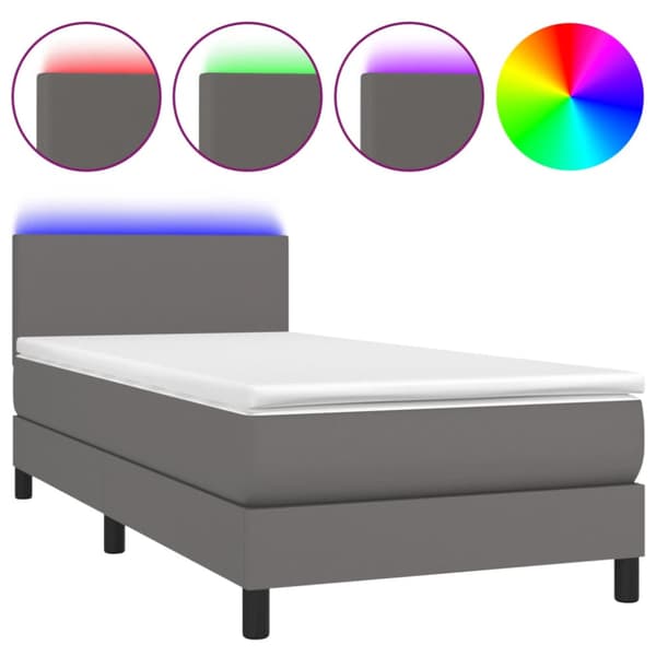 Ramsäng med madrass & LED grå 90x190 cm konstläder