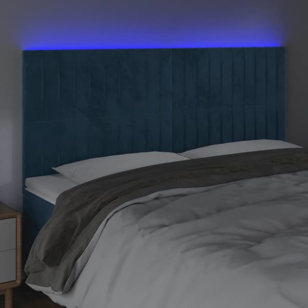 Sänggavel LED mörkblå 180x5x118/128 cm sammet