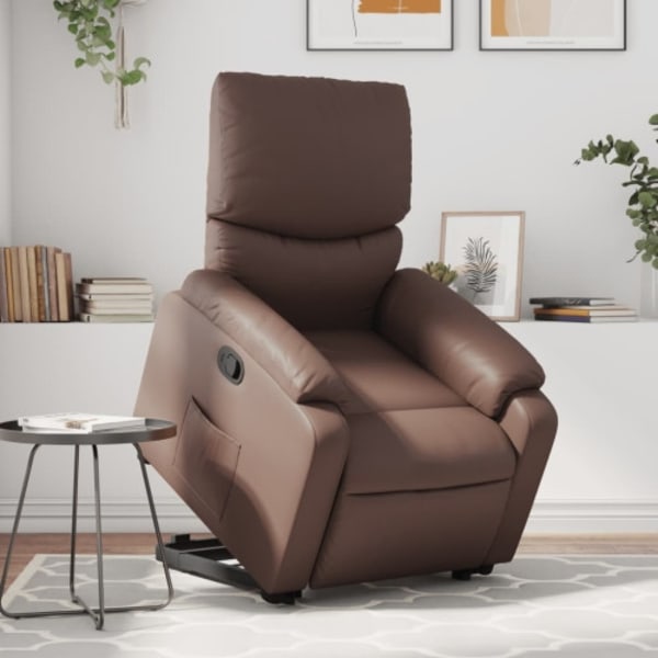 Reclinerfåtölj med uppresningshjälp brun konstläder