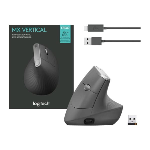 Logitech MX Vertical - vertikal mus - USB, Bluetooth, 2.4 GHz - grafit