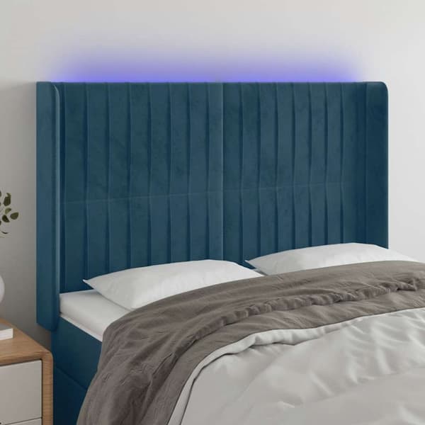 Sänggavel LED blå 147x16x118/128 cm sammet