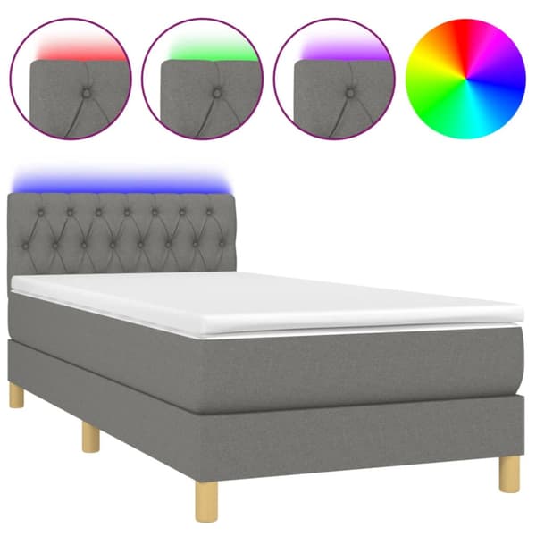 Ramsäng med madrass & LED mörkgrå 100x200 cm tyg