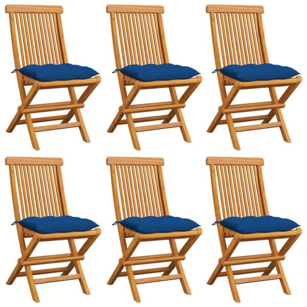 Trädgårdsstolar med blåa dynor 6 st massiv teak