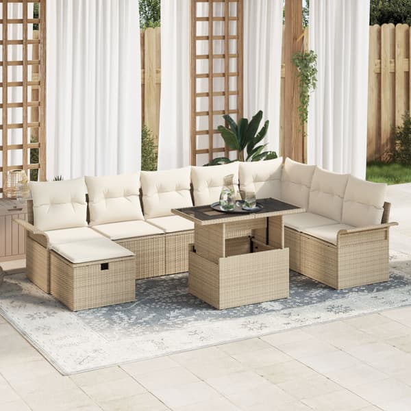 Trädgårdsoffset med kudde med lagring 9 pcs Beige Poly rattan