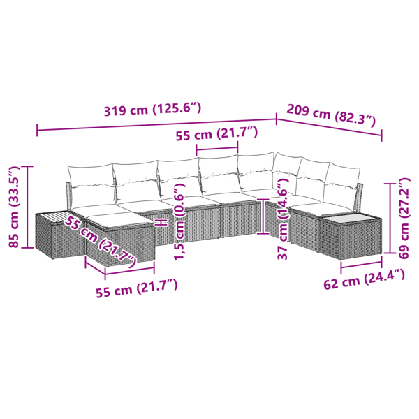 Trädgårdsoffset med kudde 8 pcs Svart Poly rattan