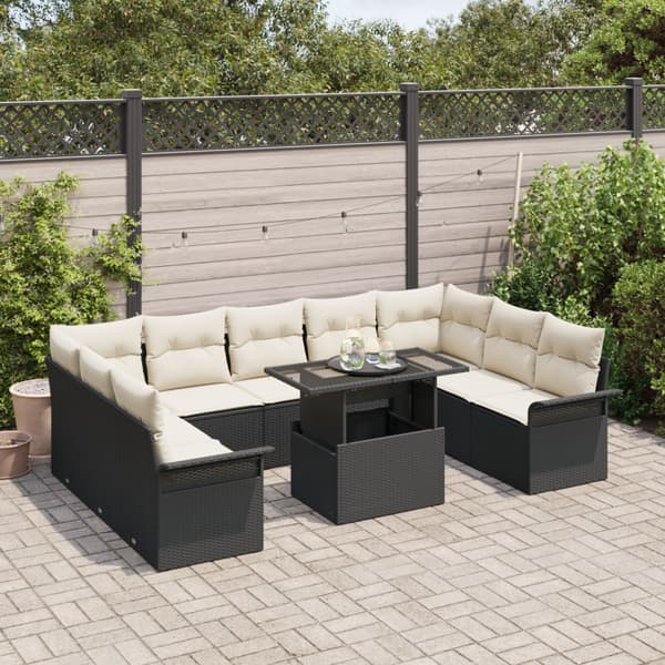 Trädgårdsoffset med kudde 10 pcs Svart Poly rattan