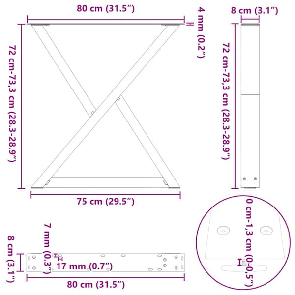 Matbordsben 2 st antracit 80x(72-73,3) cm stål