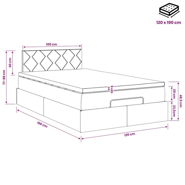 Ottoman säng med madrass Ljusgrå 120 x 190 cm Sammet