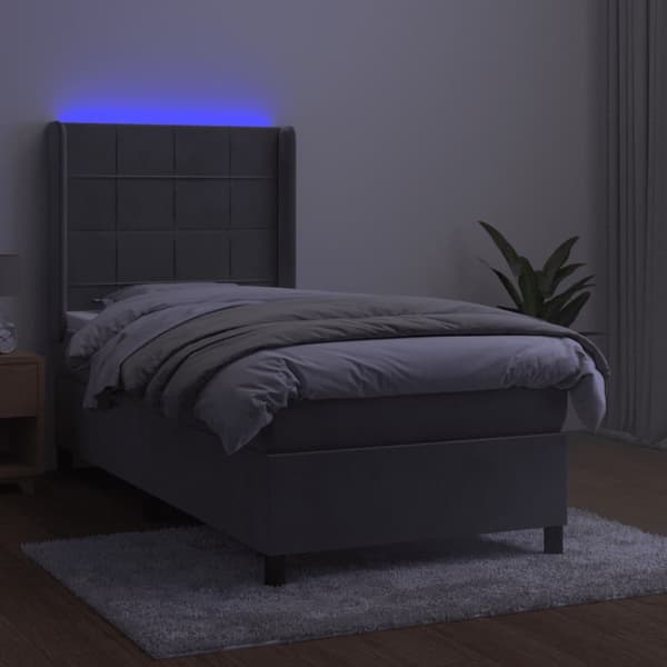 Ramsäng med madrass & LED ljusgrå 90x190 cm sammet
