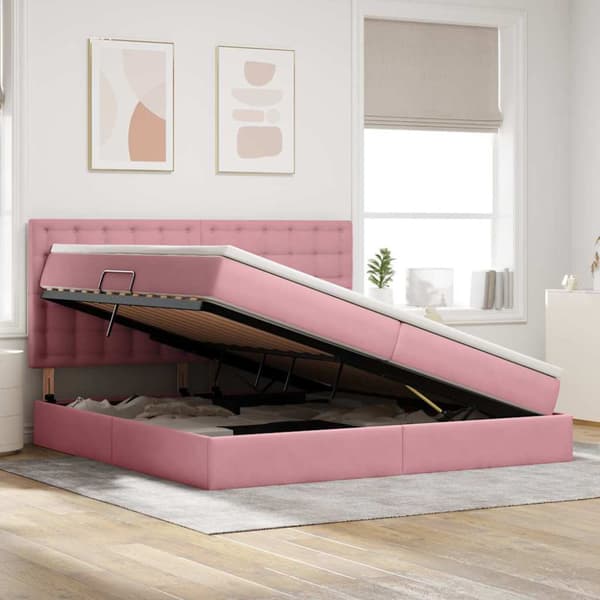 LED förvaringssäng med madrass Rosa 200 x 200 cm Sammet