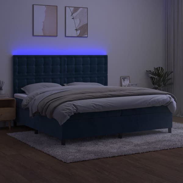Ramsäng med madrass & LED mörkblå 200x200 cm sammet