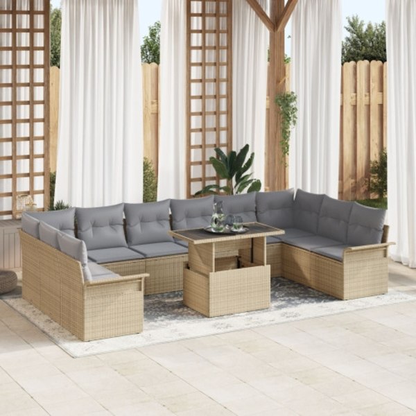 11 Delar Trädgårdsoffagruppe med Kuddar Beige Poly Rattan