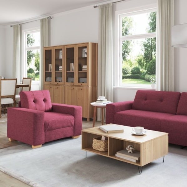 Soffa 3+2+1 med dynor i vinrött tyg