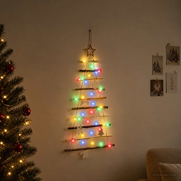 Hängande julgran 90 cm 30 LED-lampor Mångfärgad Massivt askträ