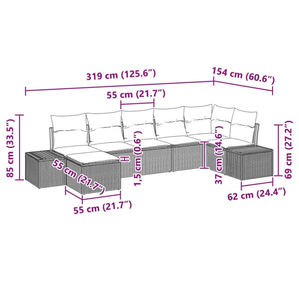 Trädgårdsoffset med kudde 7 pcs Ljusgrå konstrotting