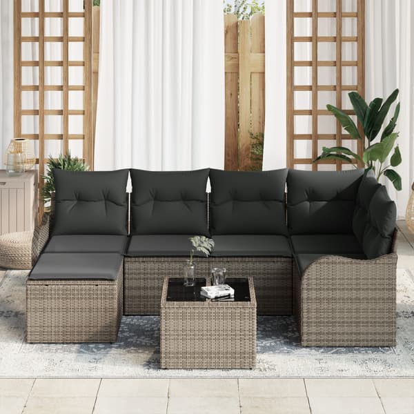 Trädgårdsoffset med kudde 7 pcs Grå Poly rattan