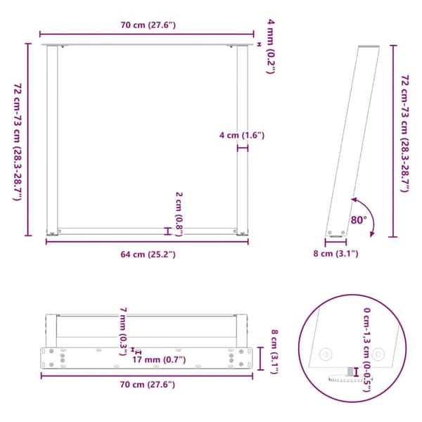 Matbordsben U-formade 2 st svarta 70x(72-73) cm stål