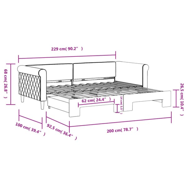 Dagbädd utdragbar rosa 90x200 cm sammet