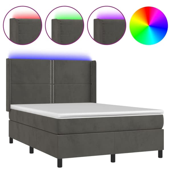 Ramsäng med madrass & LED mörkgrå 140x190 cm sammet