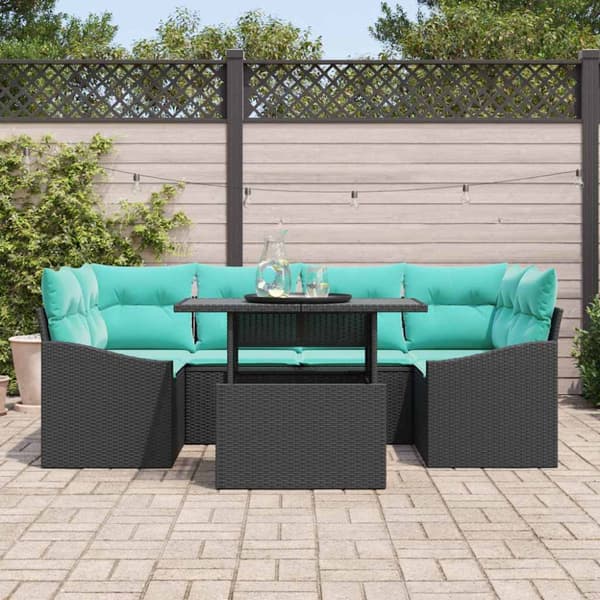 Trädgårdsoffset med kudde 7 pcs Svart och blå Poly rattan