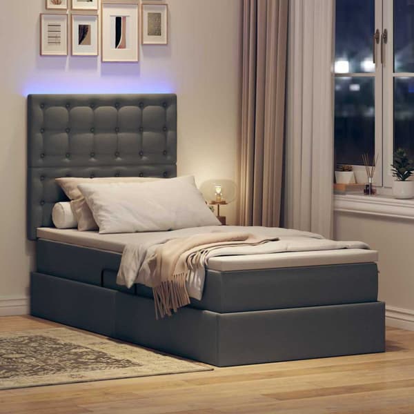 Förvaringssäng med LED med led Mörkgrå 100 x 200 cm Polyester