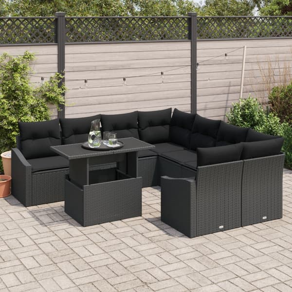 Trädgårdsoffset med lagring 9 pcs Svart Poly rattan
