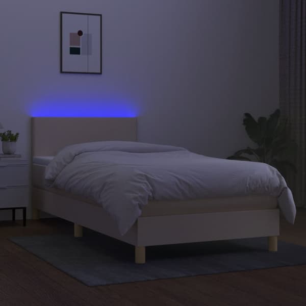 Ramsäng med madrass & LED gräddvit 90x200 cm tyg