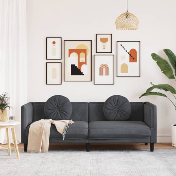 Soffa med kuddar 3-sits mörkgrå sammet
