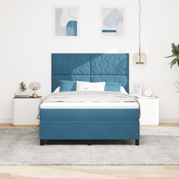 LED Box Säng med huvudgavel Mörkblå 140 x 200 cm Sammet