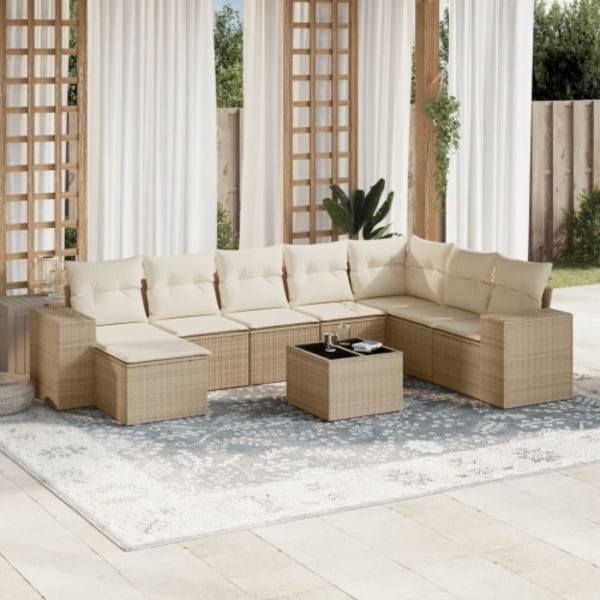 Soffgrupp för trädgården med dynor 9 delar beige konstrotting
