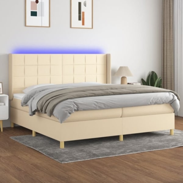Ramsäng med madrass & LED gräddvit 200x200 cm tyg