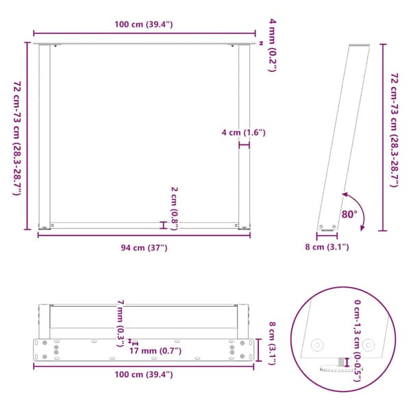 Matbordsben U-formade 2 st antracit 100x(72-73) cm stål