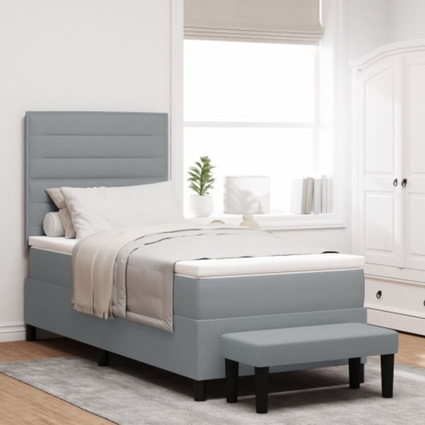 Box Spring Säng med Madrass & Bänk Ljusgrå 90x200 cm Tyg
