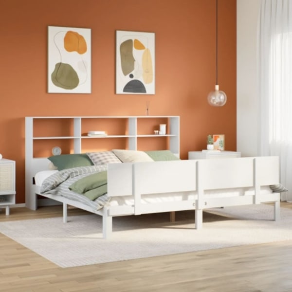 Säng med bokhylla utan madrass vit 180x200cm massiv furu