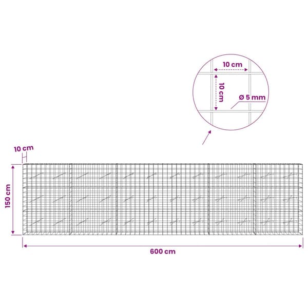 Gabion med 5 mm tråd och 10x10 cm nät 600x10x150 cm