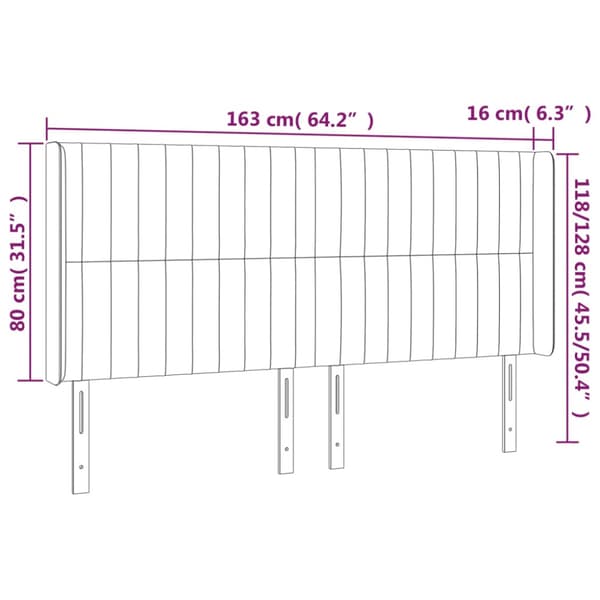 Sänggavel LED ljusgrå 163x16x118/128 cm sammet