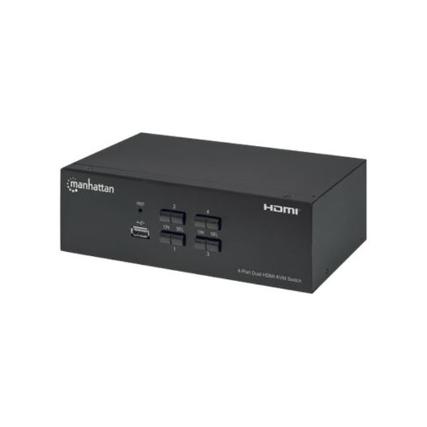 Manhattan HDMI KVM Switch 4-Port, 4K@30Hz, USB-A/3.5mm Audio/Mic Connections, Cables included, Audio Support, Control 4x computers from one pc/mouse/s