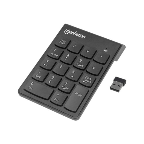 Manhattan Numeric Keypad, Wireless (2.4GHz), USB-A Micro Receiver, 18 Full Size Keys, Black, Membrane Key Switches, Auto Power Management, Range 10m, Svart
