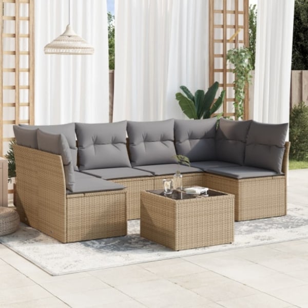 Matgrupp för trädgården med dynor 7 delar beige konstrotting